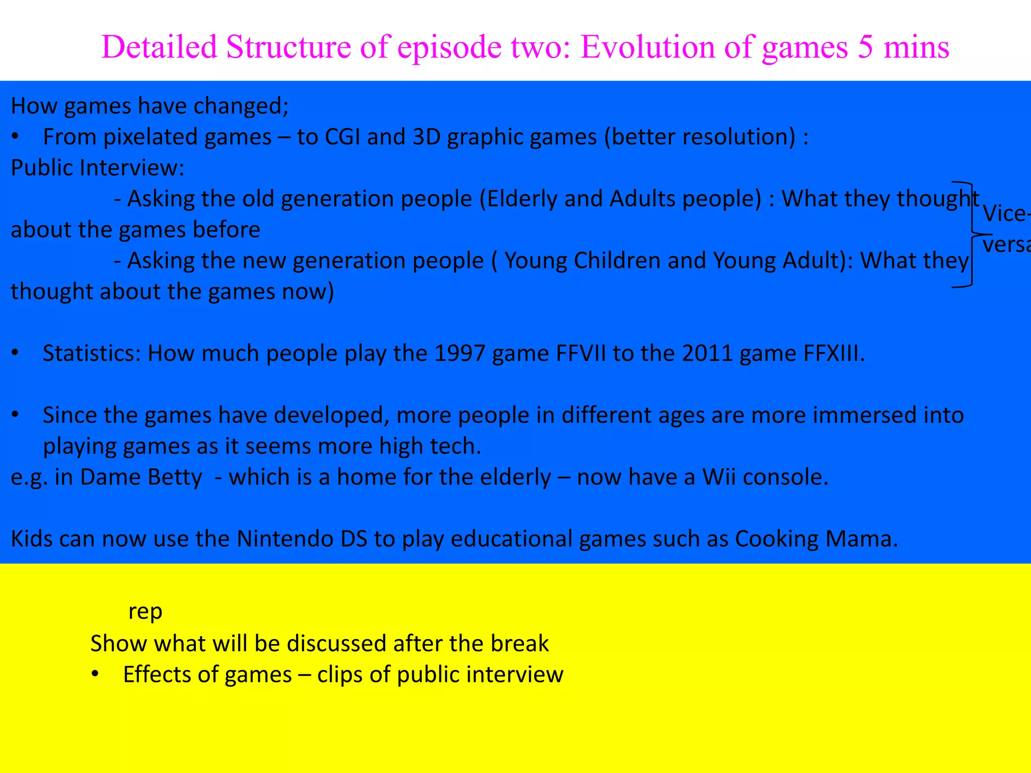 Detailed Structure of episode two: Evolution of games 5 mins
How games have changed;
• From pixelated games – to CGI and 3D graphic games (better resolution) :
Public Interview:
          - Asking the old generation people (Elderly and Adults people) : What they thought
                                                                                             Vice-
about the games before
                                                                                             versa
          - Asking the new generation people ( Young Children and Young Adult): What they
thought about the games now)

• Statistics: How much people play the 1997 game FFVII to the 2011 game FFXIII.

• Since the games have developed, more people in different ages are more immersed into
   playing games as it seems more high tech.
e.g. in Dame Betty - which is a home for the elderly – now have a Wii console.

Kids can now use the Nintendo DS to play educational games such as Cooking Mama.

          rep
       Show what will be discussed after the break
       • Effects of games – clips of public interview
 