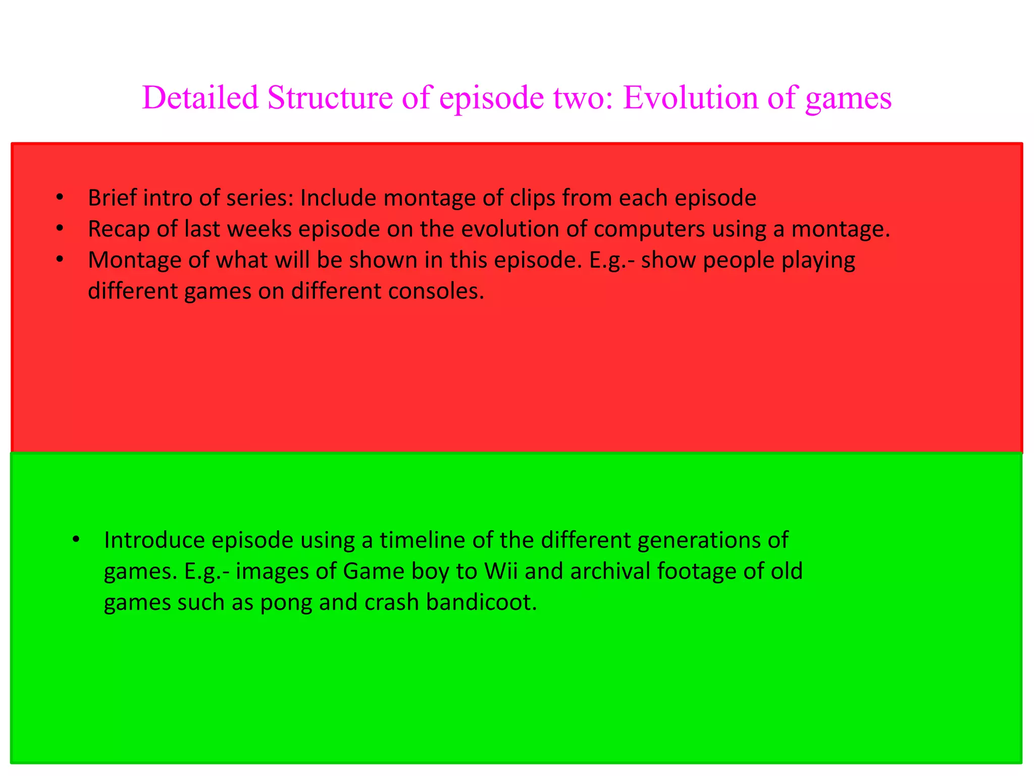 Detailed Structure of episode two: Evolution of games

• Brief intro of series: Include montage of clips from each episode
• Recap of last weeks episode on the evolution of computers using a montage.
• Montage of what will be shown in this episode. E.g.- show people playing
  different games on different consoles.




 • Introduce episode using a timeline of the different generations of
   games. E.g.- images of Game boy to Wii and archival footage of old
   games such as pong and crash bandicoot.
 