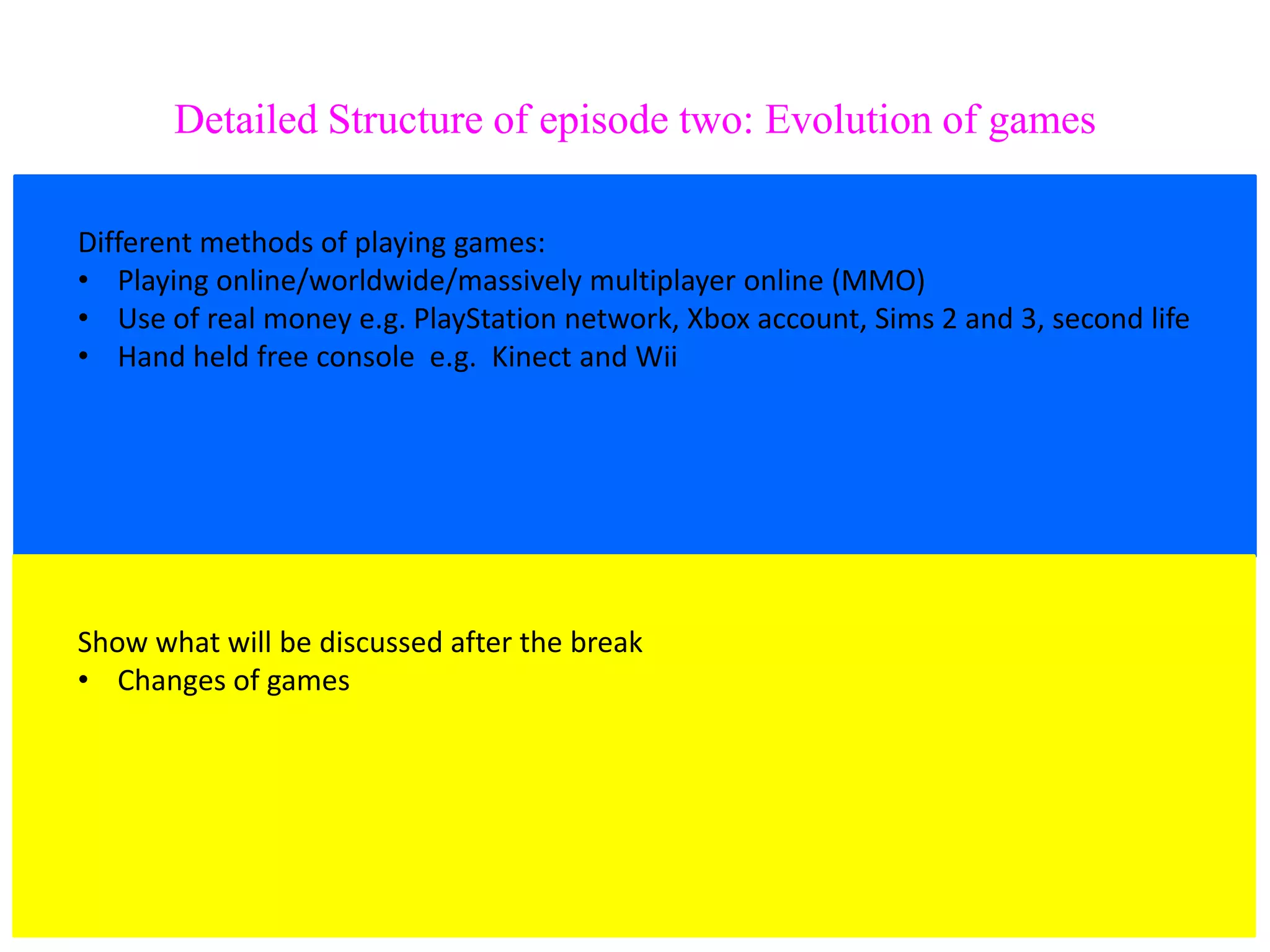 Detailed Structure of episode two: Evolution of games

Different methods of playing games:
• Playing online/worldwide/massively multiplayer online (MMO)
• Use of real money e.g. PlayStation network, Xbox account, Sims 2 and 3, second life
• Hand held free console e.g. Kinect and Wii




Show what will be discussed after the break
• Changes of games
 