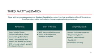THIRD PARTY VALIDATION
14
Along with technology development, Strategy Foresight has gained third party validation of its off-line and on-
line of decision-making technologies through organisational partnerships
Partnerships
• Dyson School of Design
Engineering (Imperial College)
• Imperial College Consultants
• Polaris Consulting (specialist
defence firm working with MOD)
• CFAR-m (neural network specialist
firm based in France)
Users in the loop
• NATO Supreme Allied Command
• Faculty of Security Studies,
University of Belgrade
Completed projects
• Janssen Healthcare Innovations
• City University London
• Charles River Associates
• Reed Smith
• Institute of Consulting
 