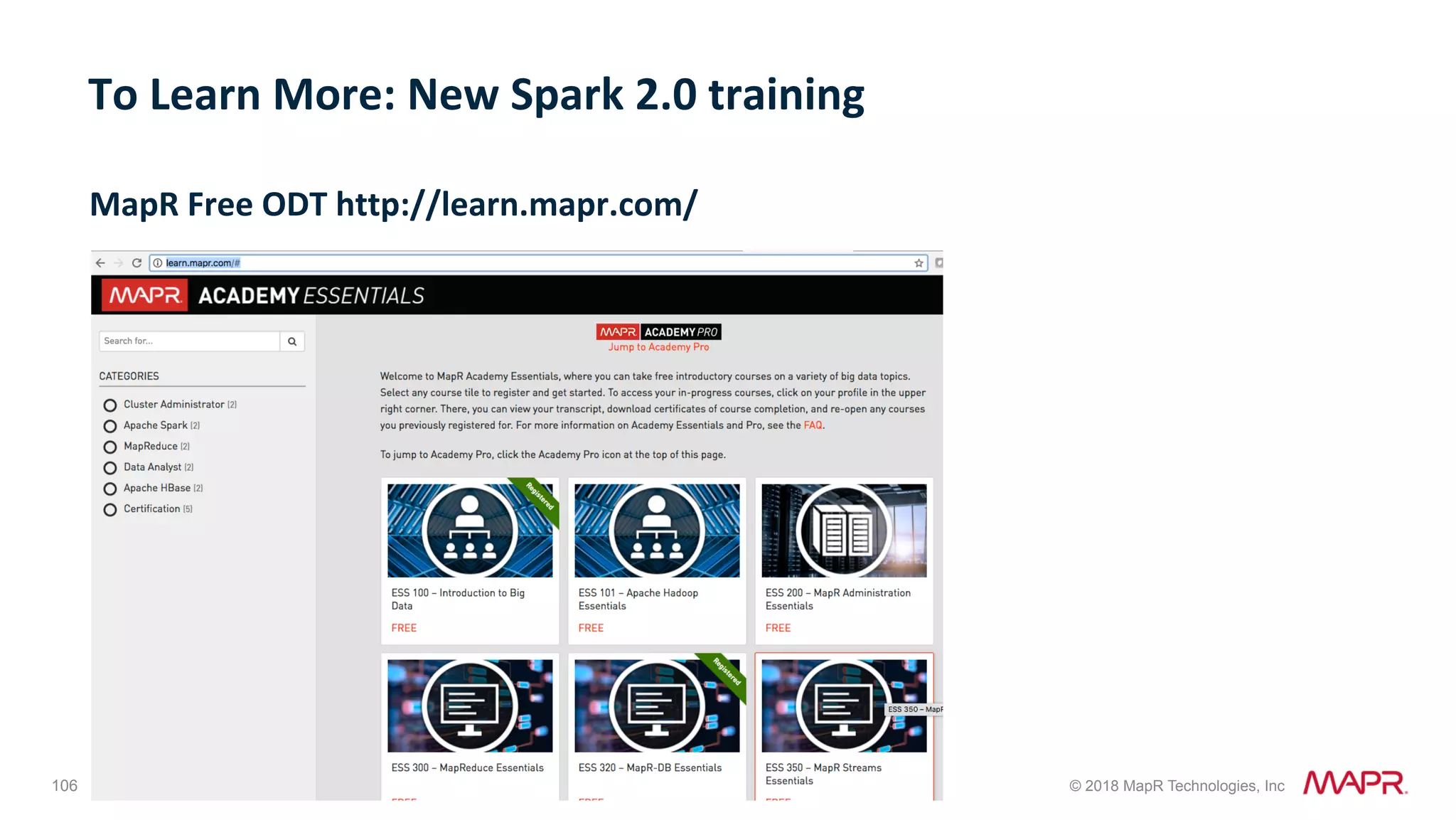 106 © 2018 MapR Technologies, Inc MapR	Free	ODT	http://learn.mapr.com/ To	Learn	More:	New	Spark	2.0	training 