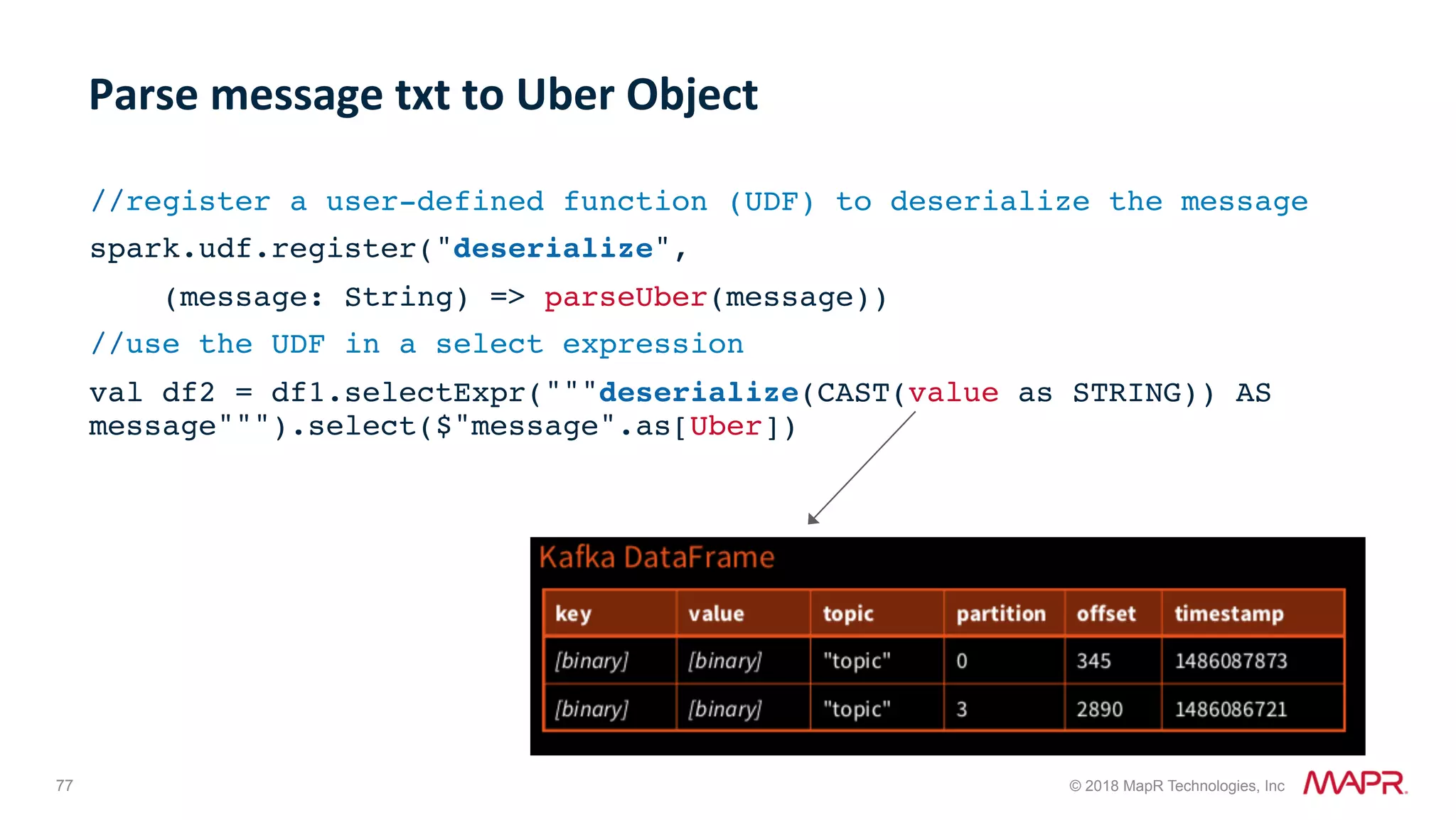 77 © 2018 MapR Technologies, Inc //register a user-defined function (UDF) to deserialize the message spark.udf.register("deserialize", (message: String) => parseUber(message)) //use the UDF in a select expression val df2 = df1.selectExpr("""deserialize(CAST(value as STRING)) AS message""").select($"message".as[Uber]) Parse	message	txt	to	Uber	Object 