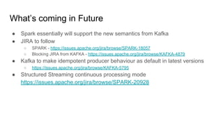 What’s coming in Future
● Spark essentially will support the new semantics from Kafka
● JIRA to follow
○ SPARK - https://issues.apache.org/jira/browse/SPARK-18057
○ Blocking JIRA from KAFKA - https://issues.apache.org/jira/browse/KAFKA-4879
● Kafka to make idempotent producer behaviour as default in latest versions
○ https://issues.apache.org/jira/browse/KAFKA-5795
● Structured Streaming continuous processing mode
https://issues.apache.org/jira/browse/SPARK-20928
 