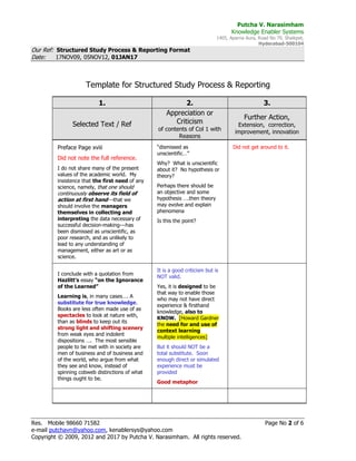Putcha V. Narasimham
Knowledge Enabler Systems
1405, Aparna Aura, Road No 79, Shaikpet,
Hyderabad-500104
Our Ref: Structured Study Process & Reporting Format
Date: 17NOV09, 05NOV12, 01JAN17
Res. Mobile 98660 71582 Page No 2 of 6
e-mail putchavn@yahoo.com, kenablersys@yahoo.com
Copyright © 2009, 2012 and 2017 by Putcha V. Narasimham. All rights reserved.
Template for Structured Study Process & Reporting
1. 2. 3.
Selected Text / Ref
Appreciation or
Criticism
of contents of Col 1 with
Reasons
Further Action,
Extension, correction,
improvement, innovation
Preface Page xviii
Did not note the full reference.
I do not share many of the present
values of the academic world. My
insistence that the first need of any
science, namely, that one should
continuously observe its field of
action at first hand---that we
should involve the managers
themselves in collecting and
interpreting the data necessary of
successful decision-making---has
been dismissed as unscientific, as
poor research, and as unlikely to
lead to any understanding of
management, either as art or as
science.
“dismissed as
unscientific…”
Why? What is unscientific
about it? No hypothesis or
theory?
Perhaps there should be
an objective and some
hypothesis ….then theory
may evolve and explain
phenomena
Is this the point?
Did not get around to it.
I conclude with a quotation from
Hazlitt’s essay “on the Ignorance
of the Learned”
Learning is, in many cases…. A
substitute for true knowledge.
Books are less often made use of as
spectacles to look at nature with,
than as blinds to keep out its
strong light and shifting scenery
from weak eyes and indolent
dispositions …. The most sensible
people to be met with in society are
men of business and of business and
of the world, who argue from what
they see and know, instead of
spinning cobweb distinctions of what
things ought to be.
It is a good criticism but is
NOT valid.
Yes, it is designed to be
that way to enable those
who may not have direct
experience & firsthand
knowledge, also to
KNOW. [Howard Gardner
the need for and use of
context learning
multiple intelligences]
But it should NOT be a
total substitute. Soon
enough direct or simulated
experience must be
provided
Good metaphor
 