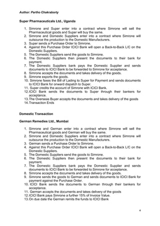 Author: Partho Chakraborty


Super Pharmaceuticals Ltd., Uganda

   1. Simrone and Super enter into a contract where Simrone will sell the
       Pharmaceutical goods and Super will buy the same.
   2. Simrone and Domestic Suppliers enter into a contract where Simrone will
       outsource the production to the Domestic Manufacturers.
   3. Super sends a Purchase Order to Simrone.
   4. Against this Purchase Order ICICI Bank will open a Back-to-Back L/C on the
       Domestic Suppliers.
   5. The Domestic Suppliers send the goods to Simrone.
   6. The Domestic Suppliers then present the documents to their bank for
       payment.
   7. The Domestic Suppliers bank pays the Domestic Supplier and sends
       documents to ICICI Bank to be forwarded to Simrone for acceptance.
   8. Simrone accepts the documents and takes delivery of the goods.
   9. Simrone exports the goods.
   10. Simrone faxes the Bill of Lading to Super for Payment and sends documents
       to ICICI Bank for onward dispatch to Super.
   11. Super credits the account of Simrone with ICICI Bank.
   12. ICICI Bank sends the documents to Super through their bankers for
       acceptance.
   13. The Overseas Buyer accepts the documents and takes delivery of the goods
   14. Transaction Ends


Domestic Transaction

German Remedies Ltd., Mumbai

   1. Simrone and German enter into a contract where Simrone will sell the
       Pharmaceutical goods and German will buy the same.
   2. Simrone and Domestic Suppliers enter into a contract where Simrone will
       outsource the production to the Domestic Manufacturers.
   3. German sends a Purchase Order to Simrone.
   4. Against this Purchase Order ICICI Bank will open a Back-to-Back L/C on the
       Domestic Suppliers.
   5. The Domestic Suppliers send the goods to Simrone.
   6. The Domestic Suppliers then present the documents to their bank for
       payment.
   7. The Domestic Suppliers bank pays the Domestic Supplier and sends
       documents to ICICI Bank to be forwarded to Simrone for acceptance.
   8. Simrone accepts the documents and takes delivery of the goods.
   9. Simrone sends the goods to German and sends documents to ICICI Bank for
       payment against the Purchase Order.
   10. ICICI Bank sends the documents to German through their bankers for
       acceptance.
   11. German accepts the documents and takes delivery of the goods
   12. ICICI Bank pays Simrone a further 15% of Invoice Value.
   13. On due date the German remits the funds to ICICI Bank


                                                                               4
 