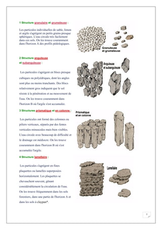 7
1 Structure granulaire et grumeleuse :
Les particules individuelles de sable, limon
et argile s'agrègent en petits grains presque
sphériques. L'eau circule très facilement
dans ces sols. On les trouve couramment
dans l'horizon A des profils pédologiques.
2 Structure anguleuse
et subanguleuse :
Les particules s'agrègent en blocs presque
cubiques ou polyédriques, dont les angles
sont plus ou moins tranchants. Des blocs
relativement gros indiquent que le sol
résiste à la pénétration et au mouvement de
l'eau. On les trouve couramment dans
l'horizon B où l'argile s'est accumulée.
3 Structures prismatique et en colonne :
Les particules ont formé des colonnes ou
piliers verticaux, séparés par des fentes
verticales minuscules mais bien visibles.
L'eau circule avec beaucoup de difficulté et
le drainage est médiocre. On les trouve
couramment dans l'horizon B où s'est
accumulée l'argile.
4 Structure lamellaire :
Les particules s'agrègent en fines
plaquettes ou lamelles superposées
horizontalement. Les plaquettes se
chevauchent souvent, gênant
considérablement la circulation de l'eau.
On les trouve fréquemment dans les sols
forestiers, dans une partie de l'horizon A et
dans les sols à claypan*.
 