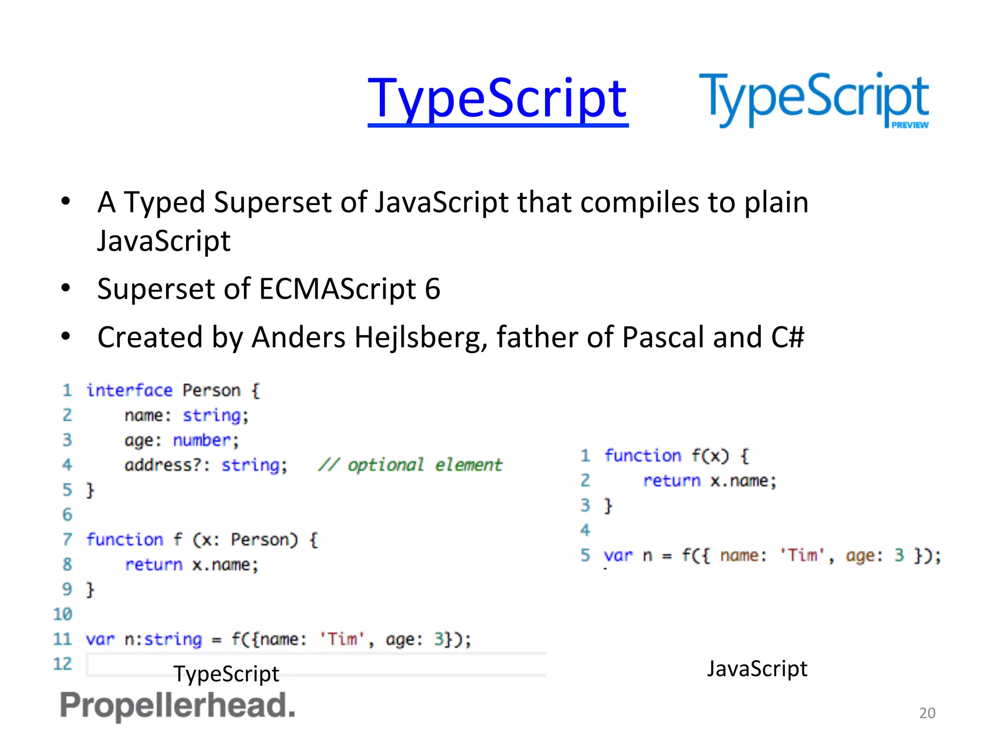 TypeScript	
  
•  A	
  Typed	
  Superset	
  of	
  JavaScript	
  that	
  compiles	
  to	
  plain	
  
JavaScript	
  
•  Superset	
  of	
  ECMAScript	
  6	
  
•  Created	
  by	
  Anders	
  Hejlsberg,	
  father	
  of	
  Pascal	
  and	
  C#	
  
20	
  
TypeScript	
   JavaScript	
  
 
