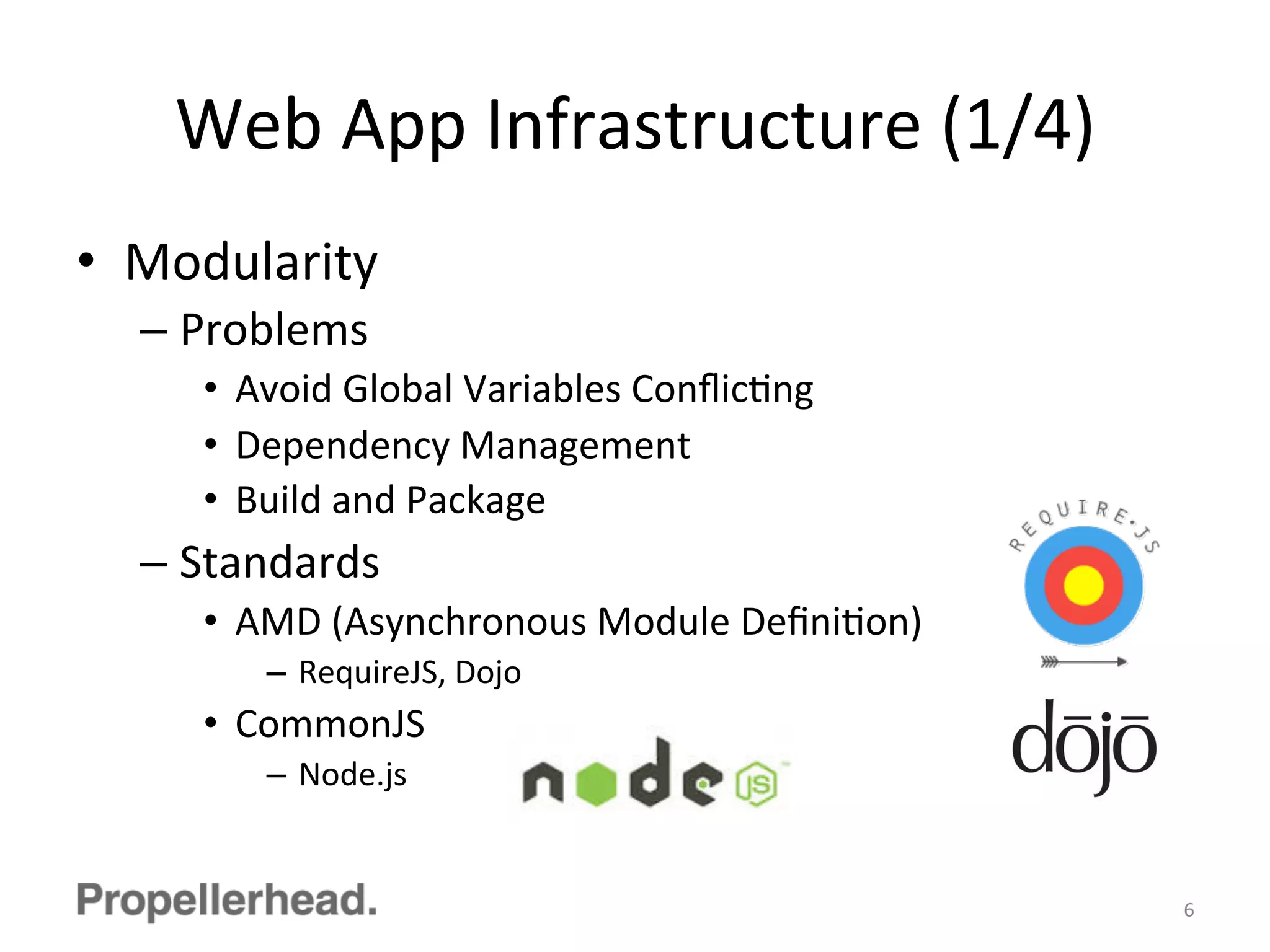 Web	
  App	
  Infrastructure	
  (1/4)	
  
•  Modularity	
  
– Problems	
  
•  Avoid	
  Global	
  Variables	
  ConﬂicFng	
  
•  Dependency	
  Management	
  
•  Build	
  and	
  Package	
  
– Standards	
  
•  AMD	
  (Asynchronous	
  Module	
  DeﬁniFon)	
  
–  RequireJS,	
  Dojo	
  
•  CommonJS	
  
–  Node.js	
  
6	
  
 