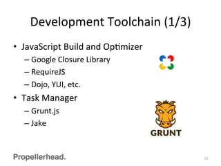 Development	
  Toolchain	
  (1/3)	
  
•  JavaScript	
  Build	
  and	
  OpFmizer	
  
– Google	
  Closure	
  Library	
  
– RequireJS	
  
– Dojo,	
  YUI,	
  etc.	
  
•  Task	
  Manager	
  
– Grunt.js	
  
– Jake	
  
13	
  
 