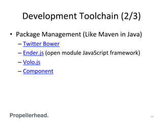Development	
  Toolchain	
  (2/3)	
  
•  Package	
  Management	
  (Like	
  Maven	
  in	
  Java)	
  
– Twi[er	
  Bower	
  
– Ender.js	
  (open	
  module	
  JavaScript	
  framework)	
  
– Volo.js	
  
– Component	
  
14	
  
 