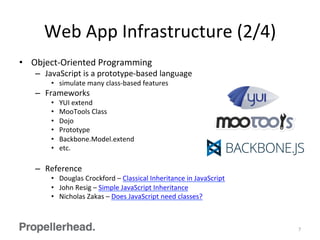 Web	
  App	
  Infrastructure	
  (2/4)	
  
•  Object-­‐Oriented	
  Programming	
  
–  JavaScript	
  is	
  a	
  prototype-­‐based	
  language	
  
•  simulate	
  many	
  class-­‐based	
  features	
  
–  Frameworks	
  
•  YUI	
  extend	
  
•  MooTools	
  Class	
  
•  Dojo	
  
•  Prototype	
  
•  Backbone.Model.extend	
  
•  etc.	
  
–  Reference	
  
•  Douglas	
  Crockford	
  –	
  Classical	
  Inheritance	
  in	
  JavaScript	
  
•  John	
  Resig	
  –	
  Simple	
  JavaScript	
  Inheritance	
  
•  Nicholas	
  Zakas	
  –	
  Does	
  JavaScript	
  need	
  classes?	
  
7	
  
 