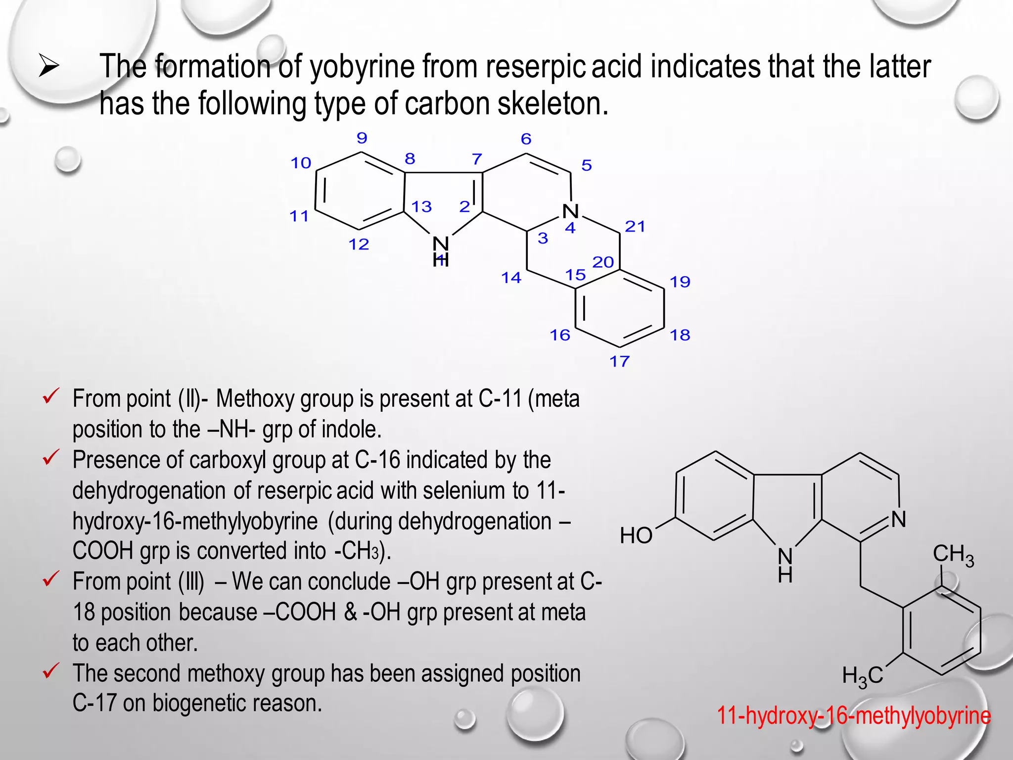 ➢ The formation of yobyrine from reserpic acid indicates that the latter
has the following type of carbon skeleton.
8
13
9
12
10
11
7
2
N
1
6
5
3
N
4
14 15 19
18
20
17
16
21
H
N
N
H
CH3
C
H3
O
H
✓ From point (II)- Methoxy group is present at C-11 (meta
position to the –NH- grp of indole.
✓ Presence of carboxyl group at C-16 indicated by the
dehydrogenation of reserpic acid with selenium to 11-
hydroxy-16-methylyobyrine (during dehydrogenation –
COOH grp is converted into -CH3).
✓ From point (III) – We can conclude –OH grp present at C-
18 position because –COOH & -OH grp present at meta
to each other.
✓ The second methoxy group has been assigned position
C-17 on biogenetic reason. 11-hydroxy-16-methylyobyrine
 