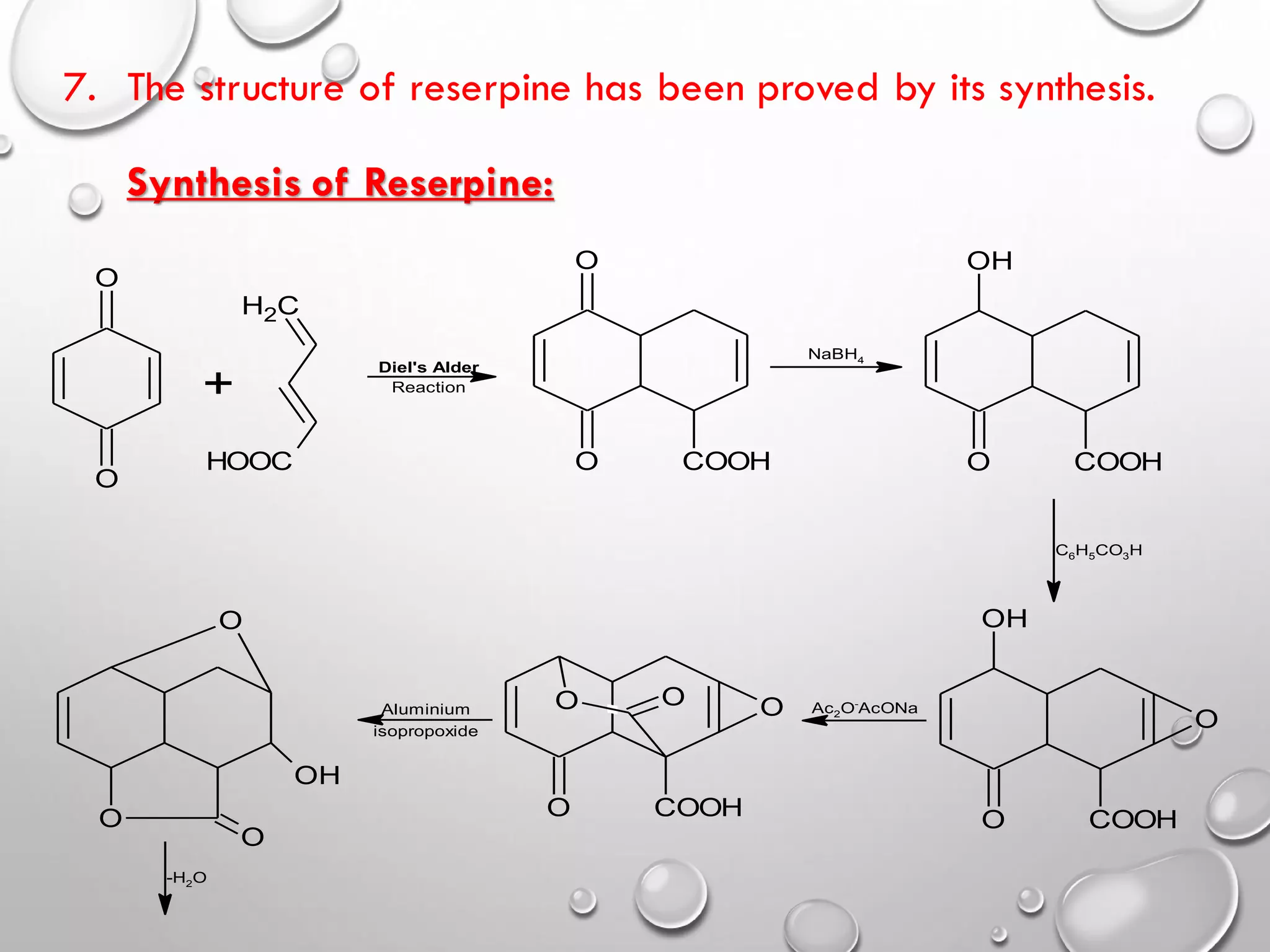 7. The structure of reserpine has been proved by its synthesis.
Synthesis of Reserpine:
O
O
C
H2
HOOC
O
O COOH O COOH
OH
O COOH
OH
O
O COOH
O O
O
O
O
O
OH
Diel's Alder
Reaction
+
NaBH4
C6H5CO3H
Ac2O-
AcONa
Aluminium
isopropoxide
-H2O
 