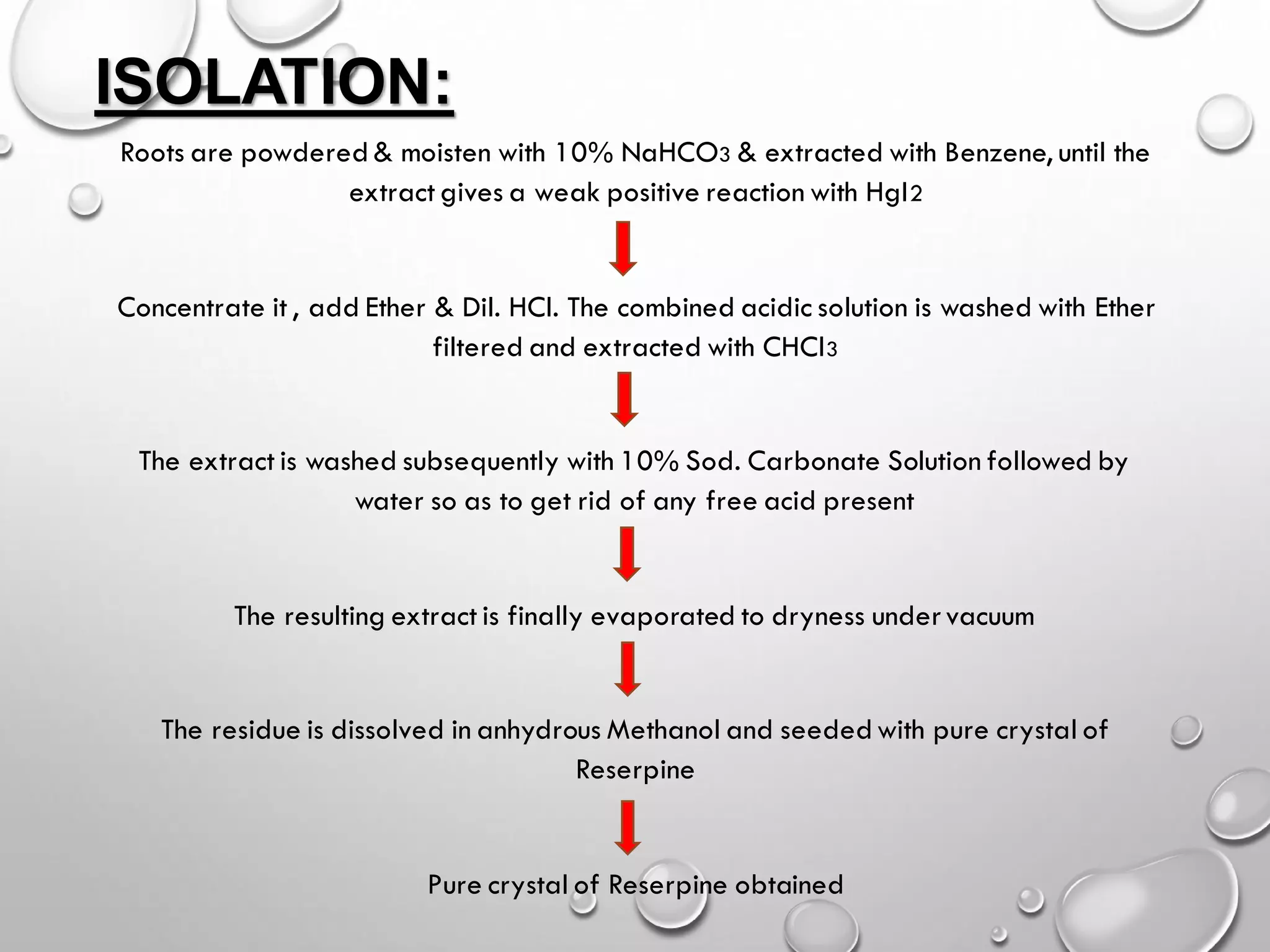 ISOLATION:
Roots are powdered& moisten with 10% NaHCO3 & extracted with Benzene, until the
extract gives a weak positive reaction with HgI2
Concentrate it , add Ether & Dil. HCl. The combined acidic solution is washed with Ether
filtered and extracted with CHCl3
The extract is washed subsequently with 10% Sod. Carbonate Solution followed by
water so as to get rid of any free acid present
The resulting extract is finally evaporated to dryness undervacuum
The residue is dissolved in anhydrous Methanol and seededwith pure crystal of
Reserpine
Pure crystal of Reserpine obtained
 