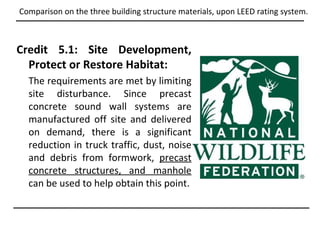Comparison on the three building structure materials, upon LEED rating system.



Credit 5.1: Site Development,
  Protect or Restore Habitat:
  The requirements are met by limiting
  site disturbance. Since precast
  concrete sound wall systems are
  manufactured off site and delivered
  on demand, there is a significant
  reduction in truck traffic, dust, noise
  and debris from formwork, precast
  concrete structures, and manhole
  can be used to help obtain this point.
 