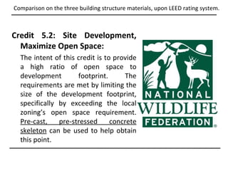 Comparison on the three building structure materials, upon LEED rating system.



Credit 5.2: Site Development,
  Maximize Open Space:
  The intent of this credit is to provide
  a high ratio of open space to
  development        footprint.      The
  requirements are met by limiting the
  size of the development footprint,
  specifically by exceeding the local
  zoning’s open space requirement.
  Pre-cast,    pre-stressed      concrete
  skeleton can be used to help obtain
  this point.
 