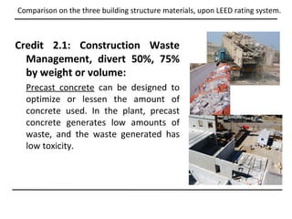 Comparison on the three building structure materials, upon LEED rating system.



Credit 2.1: Construction Waste
  Management, divert 50%, 75%
  by weight or volume:
  Precast concrete can be designed to
  optimize or lessen the amount of
  concrete used. In the plant, precast
  concrete generates low amounts of
  waste, and the waste generated has
  low toxicity.
 