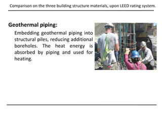 Comparison on the three building structure materials, upon LEED rating system.



Geothermal piping:
  Embedding geothermal piping into
  structural piles, reducing additional
  boreholes. The heat energy is
  absorbed by piping and used for
  heating.
 