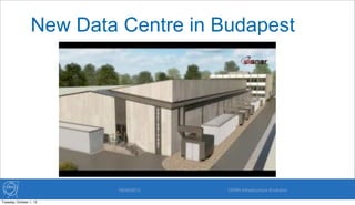 New Data Centre in Budapest
19/09/2013 CERN Infrastructure Evolution
Tuesday, October 1, 13
 