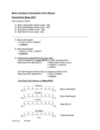 Yap Zhi Jun 0310738
Beam Analysis Calculation (First Beam)
Ground Floor Beam, BC/5
List of loads on BC/5:
1) Beam self-weight (Dead Load) - UDL
2) Brick Wall Weight (Dead Load) - UDL
3) Slab BC/4-5 (Dead Load) - UDL
4) Slab BC/4-5 (Live Load) - UDL
1) Beam self-weight
= 0.15m x 0.3m x 24kN/m3
= 1.08kN/m
2) Brick Wall Weight
= 3.05m x 0.15m x 19kN/m3
= 8.69kN/m
3) Dead load on slab BC/4-5 (two way slab)
Load is transferred to beam BC/5 in a UDL triangular form
Dead load from slab BC/4-5 = Dead load on slab x (Lx/2)
= 3.6kN/m2 x (2.0m/2)
= 3.6kN/m
Convert triangular load to UDL by applying a factor of 2/3
Dead load from slab BC/4-5 = (2/3) x 3.6kN/m
= 2.4kN/m
Total Dead load diagram on Beam BC/5
B C
B C
B C
B C
Beam self-weight
Brick Wall Weight
Slab BC/4-5
Total dead load
1.08kN/m
8.69kN/m
2.4kN/m
12.17kN/m
2.0m
 