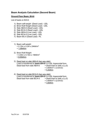 Yap Zhi Jun 0310738
Beam Analysis Calculation (Second Beam)
Ground Floor Beam, B/4-6
List of loads on B/4-6:
1) Beam self-weight (Dead Load) - UDL
2) Brick Wall Weight (Dead Load) - UDL
3) Slab AB/4-6 (Dead Load) - UDL
4) Slab BC/4-5 (Dead Load) - UDL
5) Slab AB/4-6 (Live Load) - UDL
6) Slab BC/4-5 (Live Load) - UDL
7) Beam BC-5 (Dead Load) - PL
1) Beam self-weight
= 0.15m x 0.3m x 24kN/m3
= 1.08kN/m
2) Brick Wall Weight
= 3.05m x 0.15m x 19kN/m3
= 8.69kN/m
3) Dead load on slab AB/4-6 (two way slab)
Load is transferred to beam B/4-6 in a UDL trapezoidal form
Dead load from slab AB/4-6 = Dead load on slab x (Lx/2)
= 3.6kN/m2 x (3.0m/2)
= 5.4kN/m
4) Dead load on slab BC/4-5 (two way slab)
Load is transferred to beam B/4-6 in a UDL trapezoidal form
Dead load from slab BC/4-5 = Dead load on slab x (Lx/2)
= 3.6kN/m2 x (2.0m/2)
= 3.6kN/m
 