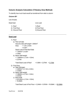 Yap Zhi Jun 0310738
Column Analysis Calculation (Tributary Area Method)
To identify how much load would be transferred from slab to column
Column B/1
List of loads:
Dead load Live Load
1) Roof 1) Roof
2) First Floor 2) First Floor
3) Ground Floor 3) Ground Floor
Dead Load
1) Roof
a) Flat roof slab
Assume slab self-weight 1.0kN/m2
Area = 1.5m x 0.6m
= 0.9m2
Dead Load of Flat Roof Slab
= 1.0kN/m2 x 0.9m2
= 0.9kN
b) Beam Self-weight
= 1.08kN/m x (1.5m + 0.6m)
= 2.27kN
Total Dead Load of Roof = 0.9kN + 2.27kN = 3.17kN
2) First Floor
a) Slab (Storage)
= 3.6kN/m2 x (1.5m x 0.6m)
= 3.24kN
b) Beam Self-weight
=1.08kN/m x (1.5m + 0.6m)
= 0.97kN
c) Brick Wall
= 8.61kN/m x (1.5m + 0.6m)
= 18.08kN
Total Dead Load of first Floor = 3.24kN + 0.97kN + 18.08kN = 22.29kN
 