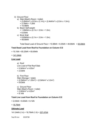 Yap Zhi Jun 0310738
3) Ground Floor
a) Slab (Maid’s Room + toilet)
= (3.6kN/m2 x (0.5m x 2.1m)) + (2.4kN/m2 x (2.0m x 1.5m))
= 3.78kN + 7.2kN
= 10.98kN
b) Beam Self-weight
= 1.08kN/m x (2.1m + 2.0m + 1.5m)
= 6.05kN
c) Brick Wall
= 8.69kN/m x (2.1m + 2.0m + 1.5m)
= 48.66kN
Total Dead Load of Ground Floor = 10.98kN + 6.05kN + 48.66kN = 65.69kN
Total Dead Load from Roof to Foundation on Column C/2
= 10.1kN + 65.25kN + 65.69kN
= 141.04kN
Live Load
a) Roof
Live Load of Flat Roof Slab
= 0.5kN/m2 x 4.05m2
= 2.03kN
b) First Floor
Slab (Storage + toilet)
= (2.5kN/m2 x 1.05m2) + (2.0kN/m2 x 3.0m2)
= 8.63kN
c) Ground Floor
Slab (Maid’s Room + toilet)
= 2.0kN/m2 x 4.05m2
= 8.1kN
Total Live Load from Roof to Foundation on Column C/2
= 2.03kN + 8.63kN + 8.1kN
= 18.76kN
Ultimate Load
141.04kN (1.4) + 18.76kN (1.6) = 227.47kN
 