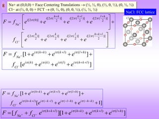 E Na+ at (0,0,0) + Face Centering Translations  (½, ½, 0), (½, 0, ½), (0, ½, ½)
Cl− at (½, 0, 0) + FCT  (0, ½, 0), (0, 0, ½), (½, ½, ½)



























)]
2
(
2
[
)]
2
(
2
[
)]
2
(
2
[
)]
2
(
2
[
)]
2
(
2
[
)]
2
(
2
[
)]
2
(
2
[
)]
0
(
2
[
l
k
h
i
l
i
k
i
h
i
Cl
h
l
i
l
k
i
k
h
i
i
Na
e
e
e
e
f
e
e
e
e
f
F








]
[
]
1
[
)
(
)
(
)
(
)
(
)
(
)
(
)
(
l
k
h
i
l
i
k
i
h
i
Cl
h
l
i
l
k
i
k
h
i
Na
e
e
e
e
f
e
e
e
f
F






















]
1
[
]
1
[
)
(
)
(
)
(
)
(
)
(
)
(
)
(





















k
h
i
h
l
i
l
k
i
l
k
h
i
Cl
h
l
i
l
k
i
k
h
i
Na
e
e
e
e
f
e
e
e
f
F







]
1
][
[ )
(
)
(
)
(
)
( h
l
i
l
k
i
k
h
i
l
k
h
i
Cl
Na
e
e
e
e
f
f
F 








 





NaCl: FCC lattice
 