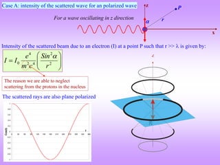 x
z
r
P

Intensity of the scattered beam due to an electron (I) at a point P such that r >>  is given by:








 2
2
4
2
4
0
r
Sin
c
m
e
I
I

For a wave oscillating in z direction
Case A: intensity of the scattered wave for an polarized wave
-1
-0.8
-0.6
-0.4
-0.2
0
0.2
0.4
0.6
0.8
1
0 30 60 90 120 150 180 210 240 270 300 330 360
t
Cos(t)
The reason we are able to neglect
scattering from the protons in the nucleus
The scattered rays are also plane polarized
 