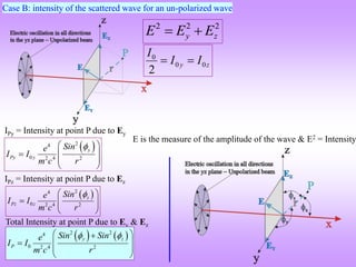 E is the measure of the amplitude of the wave & E2 = Intensity
2
2
2
z
y E
E
E 

z
y I
I
I
0
0
0
2


 
2
4
0 2 4 2
y
Py y
Sin
e
I I
m c r

 
 

 
 
IPy = Intensity at point P due to Ey
IPz = Intensity at point P due to Ez
 
2
4
0 2 4 2
z
Pz z
Sin
e
I I
m c r

 
  
 
 
Total Intensity at point P due to Ey & Ez
   
2 2
4
0 2 4 2
y z
P
Sin Sin
e
I I
m c r
 
 

 

 
 
Case B: intensity of the scattered wave for an un-polarized wave
 