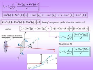    
2 2
4
0 2 4 2
y z
P
Sin Sin
e
I I
m c r
 
 

 

 
 
           
2 2 2 2 2 2
1 1 2
y z y z y z
Sin Sin Cos Cos Cos Cos
     
     
       
     
     
2 2 2
1
x y z
Cos Cos Cos
  
 
  
  Sum of the squares of the direction cosines =1
       
2 2 2 2
2 2 1 ( ) 1 ( )
y z x x
Cos Cos Cos Cos
   
   
 
      
     
Hence

 
2
4
0 2 4 2
1 ( )
x
P
Cos
e
I I
m c r

 

 

 
 
 
2
4
0 2 4 2
1 (2 )
P
Cos
e
I I
m c r

 

 

 
 
In terms of 2
 