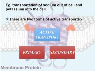 Eg, transportation of sodium out of cell and
potassium into the cell.
There are two forms of active transports:-
 