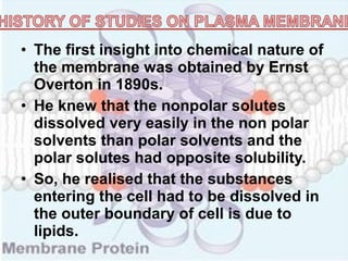 • The first insight into chemical nature of
the membrane was obtained by Ernst
Overton in 1890s.
• He knew that the nonpolar solutes
dissolved very easily in the non polar
solvents than polar solvents and the
polar solutes had opposite solubility.
• So, he realised that the substances
entering the cell had to be dissolved in
the outer boundary of cell is due to
lipids.
 