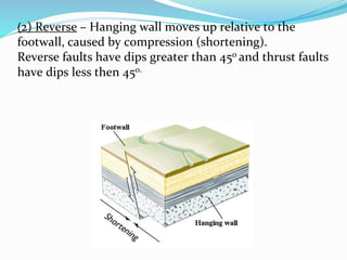 (2) Reverse – Hanging wall moves up relative to the
footwall, caused by compression (shortening).
Reverse faults have dips greater than 45o and thrust faults
have dips less then 45o.
 