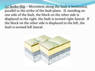 (3) Strike-Slip – Movement along the fault is horizontal,
parallel to the strike of the fault plane. If, standing on
one side of the fault, the block on the other side is
displaced to the right, the fault is termed right-lateral. If
the block on the other side is displaced to the left, the
fault is termed left lateral.
 