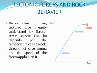 TECTONIC FORCES AND ROCK
BEHAVIER
 Rocks behavior during
tectonic force is easily
understand by Stress–
strain curves and its
depends upon the
temperature of the Rock,
direction of force, timing
and the speed of the
forces applied on it.
 