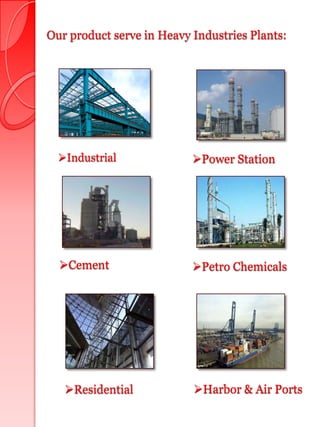 Our product serve in Heavy Industries Plants:




  Industrial              Power Station




  Cement                  Petro Chemicals




   Residential            Harbor & Air Ports
 