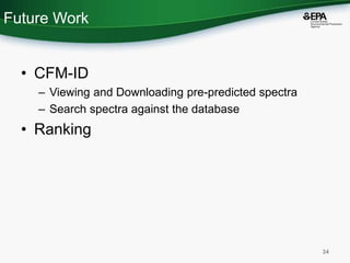 Future Work
• CFM-ID
– Viewing and Downloading pre-predicted spectra
– Search spectra against the database
• Ranking
34
 