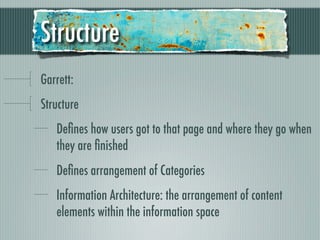 Structure
Garrett:
Structure
   Deﬁnes how users got to that page and where they go when
   they are ﬁnished
   Deﬁnes arrangement of Categories
   Information Architecture: the arrangement of content
   elements within the information space
 