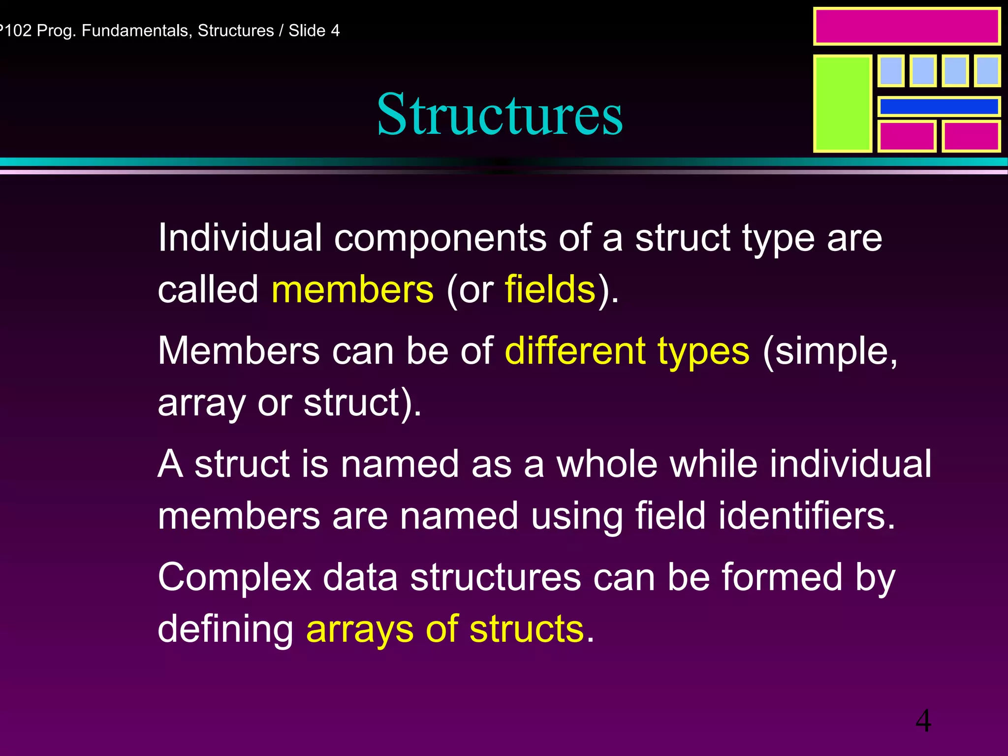 4
P102 Prog. Fundamentals, Structures / Slide 4
Structures
Individual components of a struct type are
called members (or fields).
Members can be of different types (simple,
array or struct).
A struct is named as a whole while individual
members are named using field identifiers.
Complex data structures can be formed by
defining arrays of structs.
 