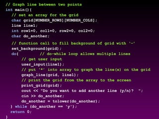 // Graph line between two points
int main(){
// set an array for the grid
char grid[NUMBER_ROWS][NUMBER_COLS];
line line1;
int row1=0, col1=0, row2=0, col2=0;
char do_another;
// function call to fill background of grid with ‘-’
set_background(grid);
do{ // do-while loop allows multiple lines
// get user input
user_input(line1);
// put ‘*’ into array to graph the line(s) on the grid
graph_line(grid, line1);
// print the grid from the array to the screen
print_grid(grid);
cout << "Do you want to add another line (y/n)? ";
cin >> do_another;
do_another = tolower(do_another);
} while (do_another == 'y');
return 0;
}
 