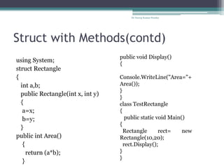 Struct with Methods(contd)
using System;
struct Rectangle
{
int a,b;
public Rectangle(int x, int y)
{
a=x;
b=y;
}
public int Area()
{
return (a*b);
}
Dr Neeraj Kumar Pandey
public void Display()
{
Console.WriteLine("Area="+
Area());
}
}
class TestRectangle
{
public static void Main()
{
Rectangle rect= new
Rectangle(10,20);
rect.Display();
}
}
 