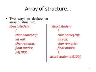 Array of structure…
• Two ways to declare an
array of structure:
struct student
{
char name[20];
int roll;
char remarks;
float marks;
}st[100];
struct student
{
char name[20];
int roll;
char remarks;
float marks;
};
struct student st[100];
20
 