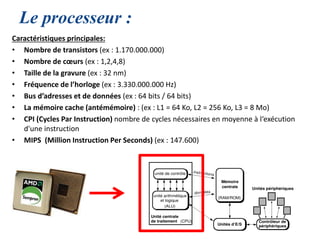 Le processeur :
Caractéristiques principales:
• Nombre de transistors (ex : 1.170.000.000)
• Nombre de cœurs (ex : 1,2,4,8)
• Taille de la gravure (ex : 32 nm)
• Fréquence de l’horloge (ex : 3.330.000.000 Hz)
• Bus d’adresses et de données (ex : 64 bits / 64 bits)
• La mémoire cache (antémémoire) : (ex : L1 = 64 Ko, L2 = 256 Ko, L3 = 8 Mo)
• CPI (Cycles Par Instruction) nombre de cycles nécessaires en moyenne à l‘exécution
d'une instruction
• MIPS (Million Instruction Per Seconds) (ex : 147.600)
 
