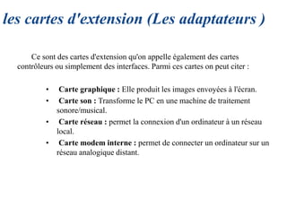 les cartes d'extension (Les adaptateurs )
Ce sont des cartes d'extension qu'on appelle également des cartes
contrôleurs ou simplement des interfaces. Parmi ces cartes on peut citer :
• Carte graphique : Elle produit les images envoyées à l'écran.
• Carte son : Transforme le PC en une machine de traitement
sonore/musical.
• Carte réseau : permet la connexion d'un ordinateur à un réseau
local.
• Carte modem interne : permet de connecter un ordinateur sur un
réseau analogique distant.
 