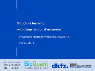 Structure learning
with deep neuronal networks
7th
Network Modeling Workshop, 28/2/2014
Patrick Michl
 