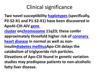 Clinical significance
Two novel susceptibility haplotypes (specifically,
P2-S2-X1 and P1-S2-X1) have been discovered in
ApoAI-CIII-AIV gene
cluster onchromosome 11q23; these confer
approximately threefold higher risk of coronary
heart disease in normal as well as non-
insulindiabetes mellitusApo-CIII delays the
catabolism of triglyceride rich particles.
Elevations of Apo-CIII found in genetic variation
studies may predispose patients to non-alcoholic
fatty liver disease.
 