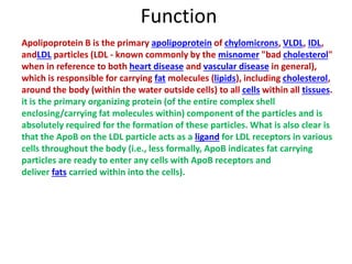 Function
Apolipoprotein B is the primary apolipoprotein of chylomicrons, VLDL, IDL,
andLDL particles (LDL - known commonly by the misnomer "bad cholesterol"
when in reference to both heart disease and vascular disease in general),
which is responsible for carrying fat molecules (lipids), including cholesterol,
around the body (within the water outside cells) to all cells within all tissues.
it is the primary organizing protein (of the entire complex shell
enclosing/carrying fat molecules within) component of the particles and is
absolutely required for the formation of these particles. What is also clear is
that the ApoB on the LDL particle acts as a ligand for LDL receptors in various
cells throughout the body (i.e., less formally, ApoB indicates fat carrying
particles are ready to enter any cells with ApoB receptors and
deliver fats carried within into the cells).
 