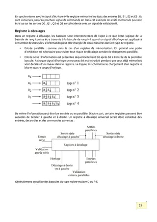 En synchronisme avec le signal d'écriture W le registre mémorise les états des entrées E0 , E1 , E2 et E3 . Ils
sont conservés jusqu'au prochain signal de commande W. Dans cet exemple les états mémorisés peuvent
être lus sur les sorties Q0 , Q1 , Q2 et Q3 en coïncidence avec un signal de validation R.
Registre à décalages
Dans un registre à décalage, les bascules sont interconnectées de façon à ce que l'état logique de la
bascule de rang i puisse être transmis à la bascule de rang i+1 quand un signal d'horloge est appliqué à
l'ensemble des bascules. L'information peut être chargée de deux manières dans ce type de registre.
• Entrée parallèle : comme dans le cas d'un registre de mémorisation. En général une porte
d'inhibition est nécessaire pour éviter tout risque de décalage pendant le chargement parallèle.
• Entrée série : l'information est présentée séquentiellement bit après bit à l'entrée de la première
bascule. A chaque signal d'horloge un nouveau bit est introduit pendant que ceux déjà mémorisés
sont décalés d'un niveau dans le registre. La Figure 54 schématise le chargement d'un registre 4
bits en quatre coups d'horloge.
De même l'information peut être lue en série ou en parallèle. D'autre part, certains registres peuvent être
capables de décaler à gauche et à droite. Un registre à décalage universel serait donc constitué des
entrées, des sorties et des commandes suivantes :
Généralement on utilise des bascules du type maître-esclave D ou R-S.
25
 