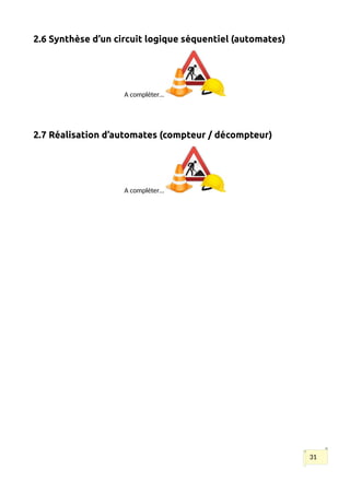 2.6 Synthèse d’un circuit logique séquentiel (automates)
A compléter…
2.7 Réalisation d’automates (compteur / décompteur)
A compléter…
31
 